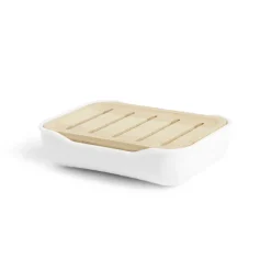 Porte-savon salle de bain bambou et plastique blanc