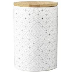 Pot en céramique blanc à motif gris avec couvercle en bois H14 cm