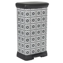 Poubelle à pédale motif carreau de ciment gris et blanc 50 L