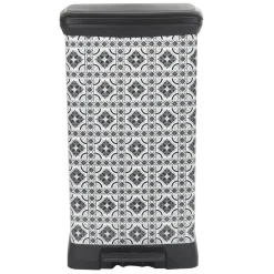 Poubelle à pédale motif carreau de ciment gris et blanc 50 L