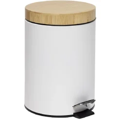 Poubelle salle de bain à pédale couvercle bambou et métal blanc 5L