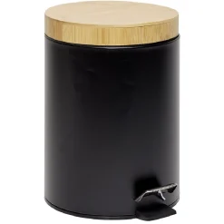 Poubelle salle de bain à pédale couvercle bambou et métal noir 5L