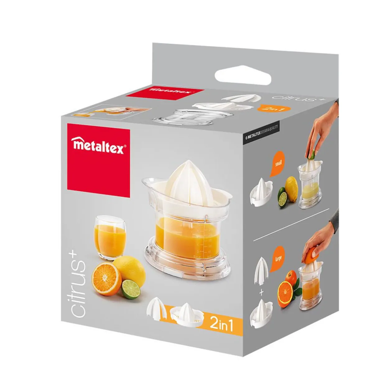 Presse agrumes Metaltex transparent couvercle blanc 2 cônes