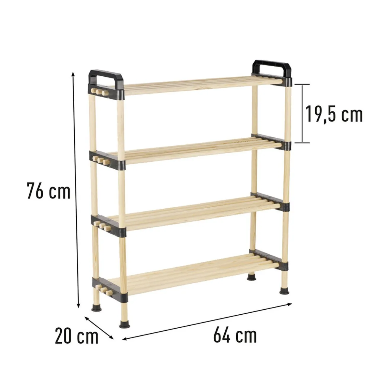 Range chaussures 4 niveaux bois beige et plastique noir - 64x20xH76cm