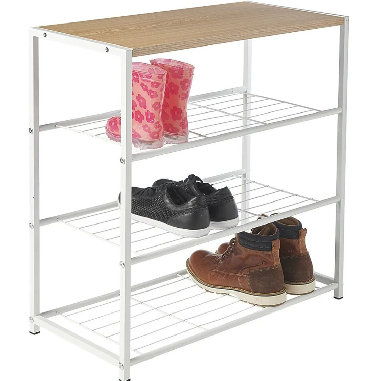 Range chaussures 3 étagères et 1 tablette blanc et naturel