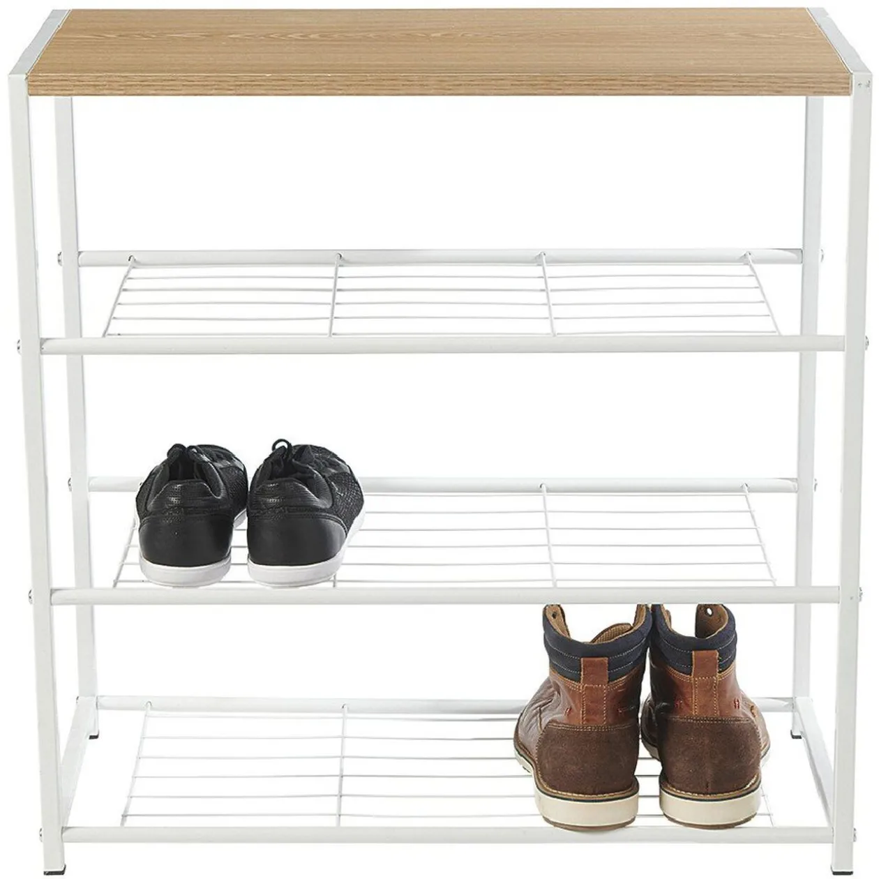 Range chaussures 3 étagères et 1 tablette blanc et naturel