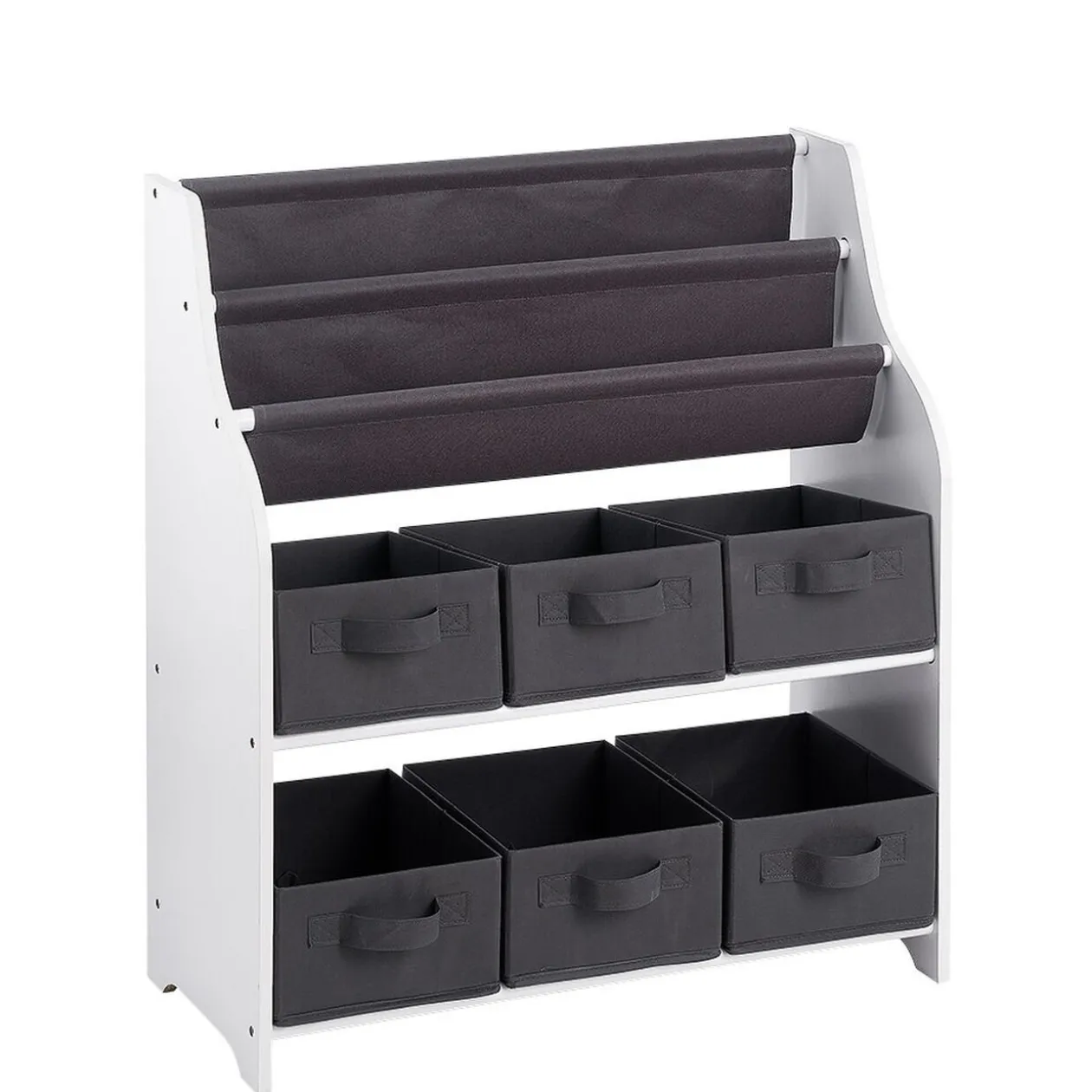 Rangement 2en1 gris et blanc bibliothèque et panière x6