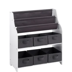 Rangement 2en1 gris et blanc bibliothèque et panière x6