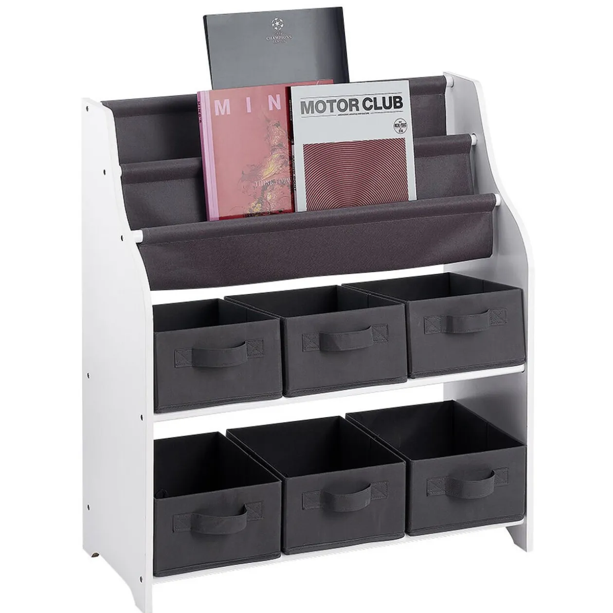 Rangement 2en1 gris et blanc bibliothèque et panière x6