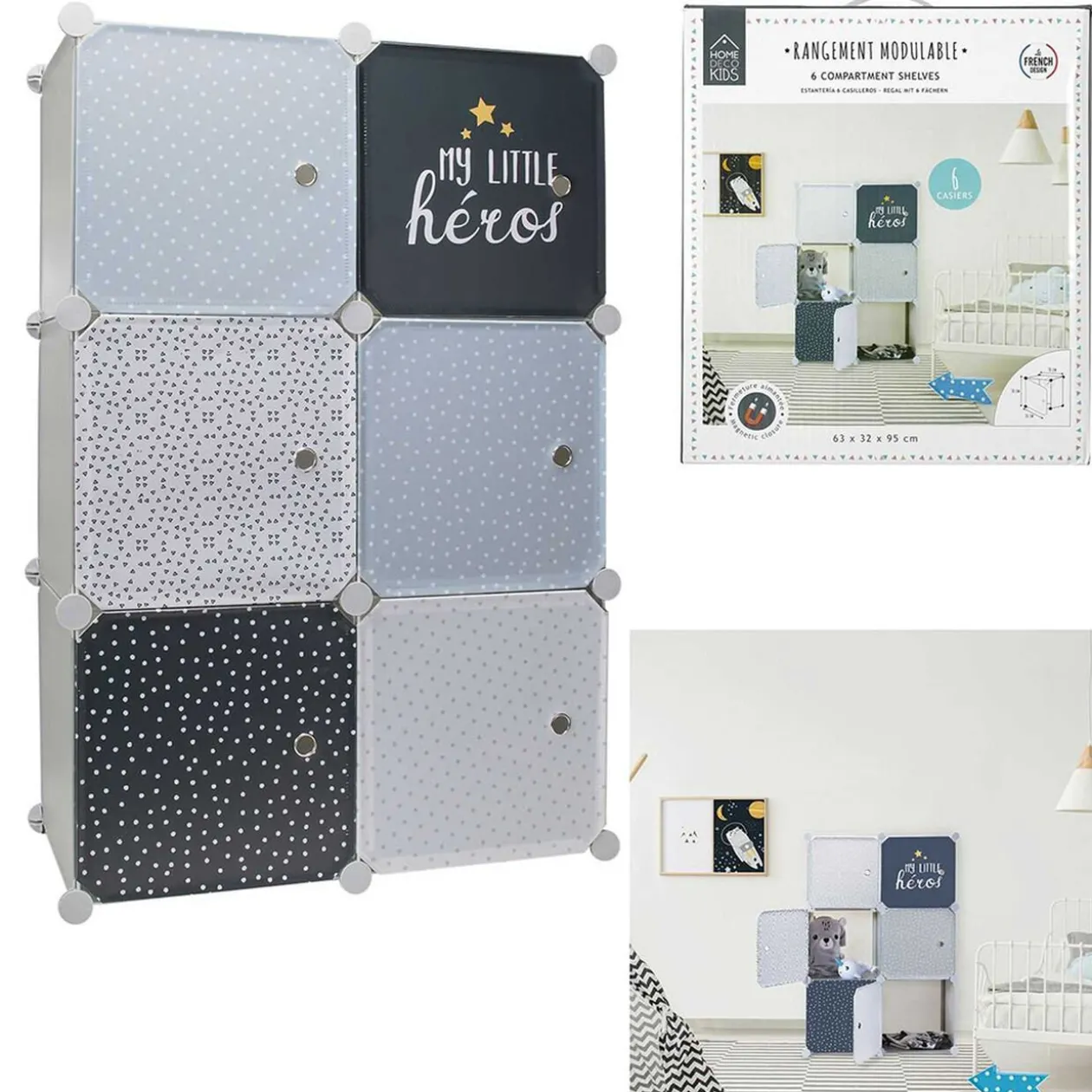 Rangement modulable 6 cubes garçon My Little Héros 63x32xH110cm