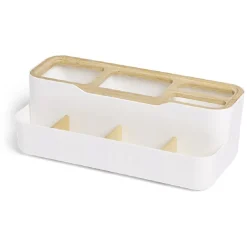 Rangement salle de bain bambou et plastique blanc