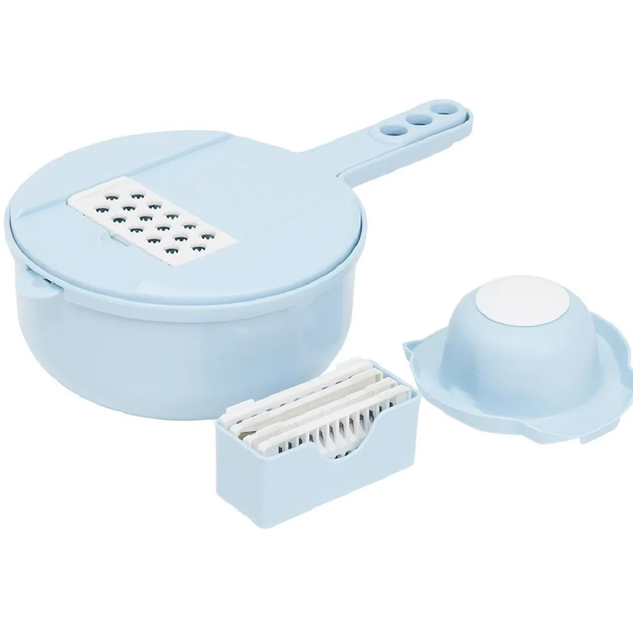 Récipient 6-en-1 avec passoire et accessoires de coupe