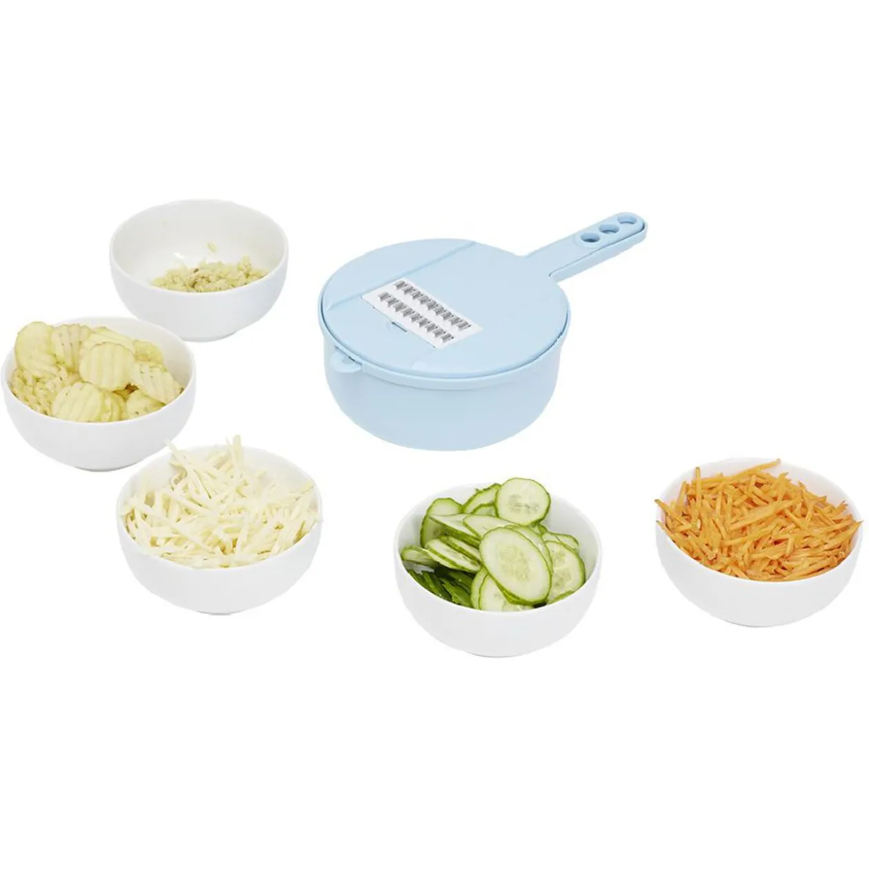 Récipient 6-en-1 avec passoire et accessoires de coupe