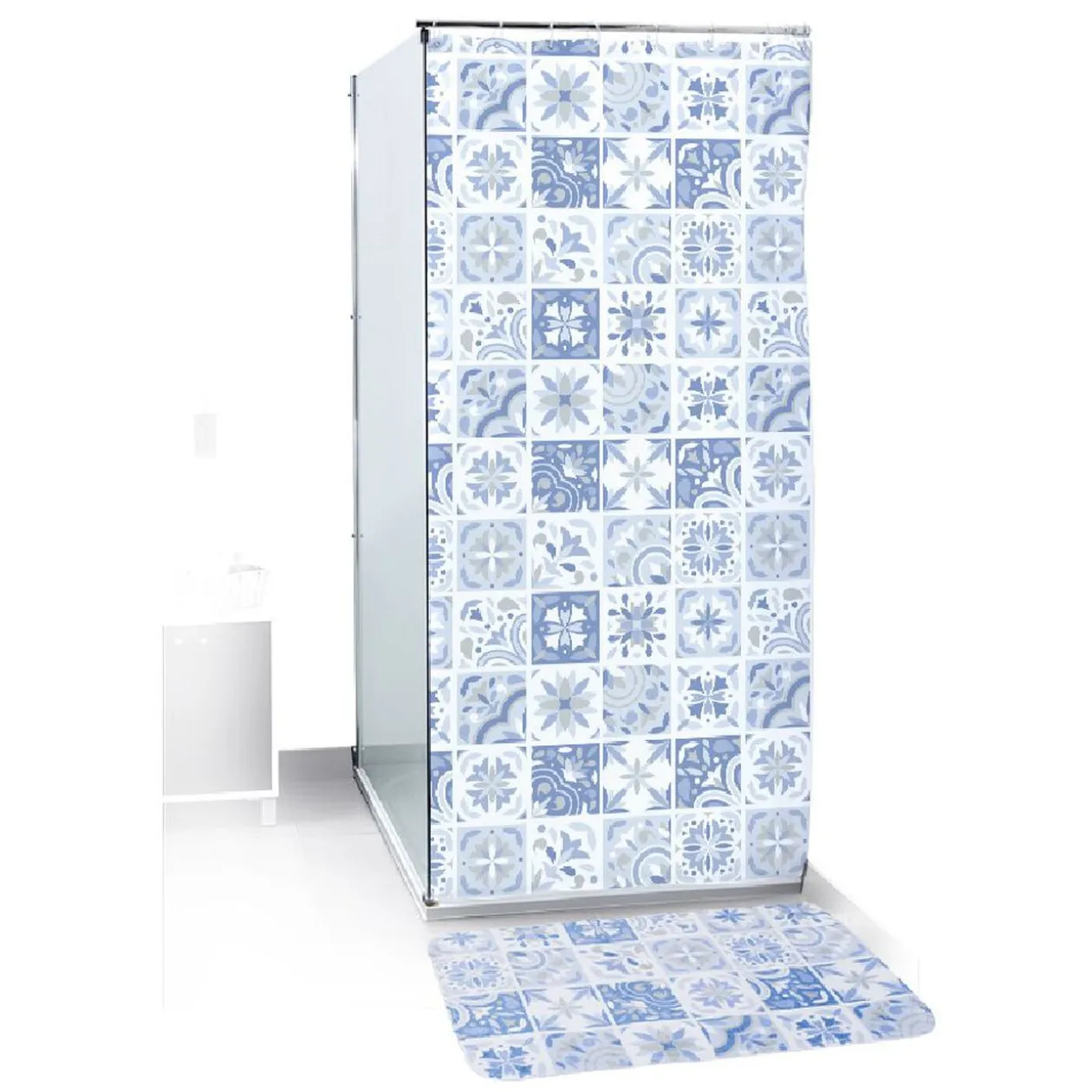 Rideau de douche 12 anneaux et tapis de bain assorti