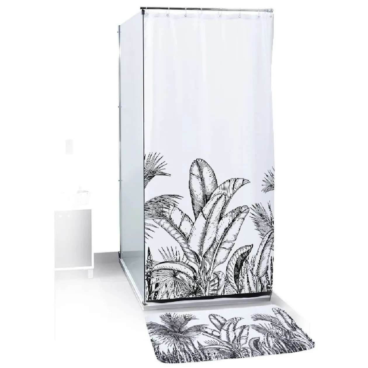 Rideau de douche 12 anneaux et tapis de bain assorti