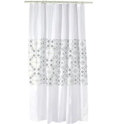 Rideau de douche blanc motif carreau de ciment gris