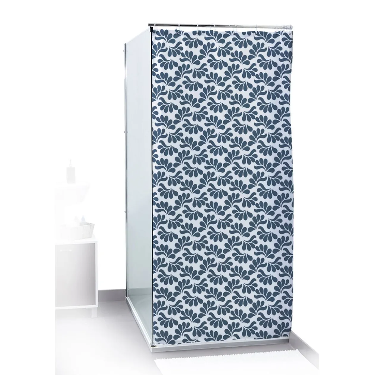 Rideau de douche motif feuillage blanc bleu 180x200cm 100% polyester