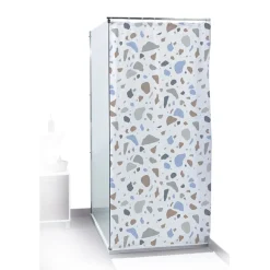 Rideau de douche motif mosaïque style terrazzo blanc et bleu 180x200cm