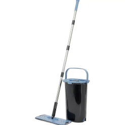 Seau essoreur + balai plat noir et bleu 8L