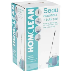 Seau essoreur avec balai plat pliable gris et bleu 8 L