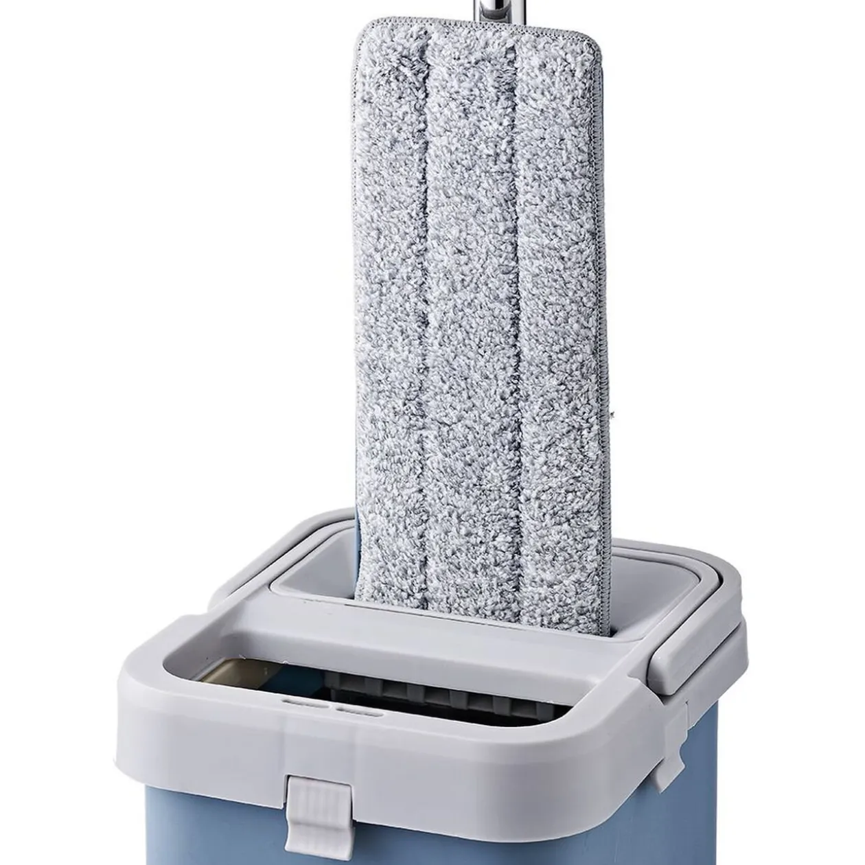 Seau essoreur avec balai plat pliable gris et bleu 8 L