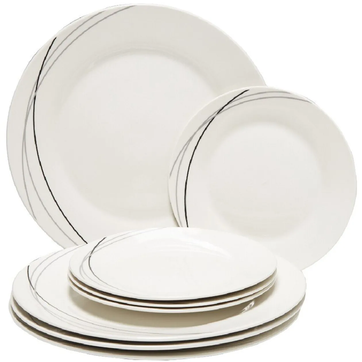 Service à vaisselle blanc lignes courbées noires et grises 8 pièces