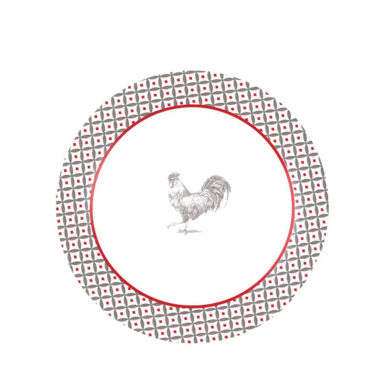 Service à vaisselle design campagne poule 12 pièces gris blanc rouge