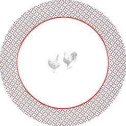 Service à vaisselle design campagne poule 12 pièces gris blanc rouge