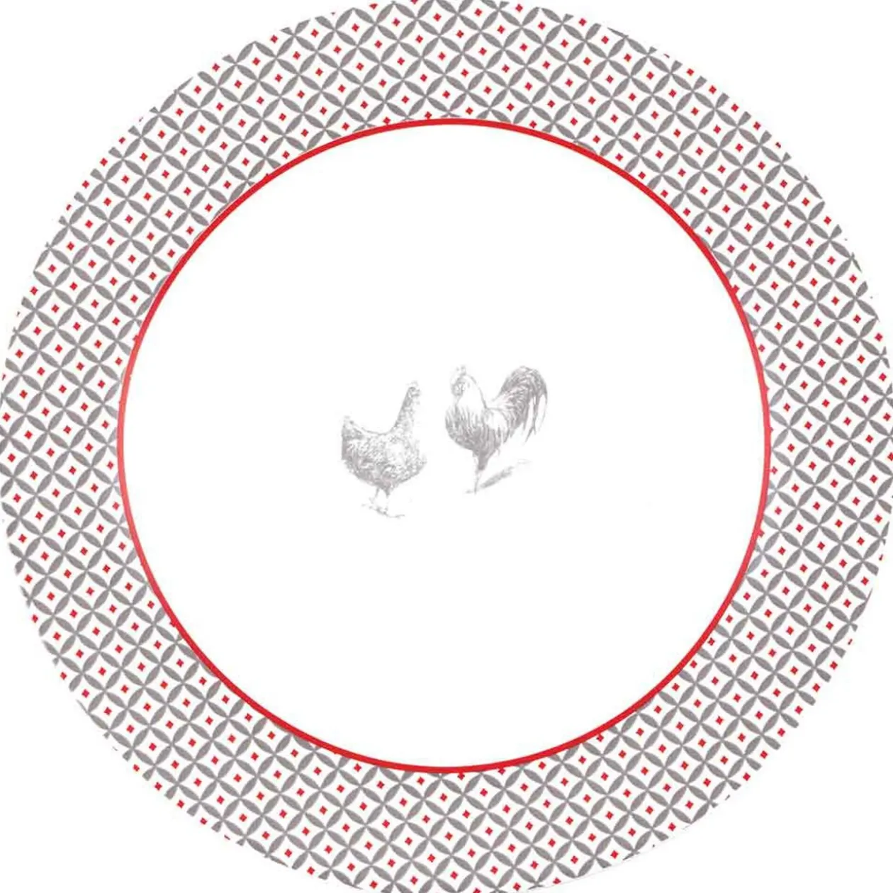 Service à vaisselle design campagne poule 12 pièces gris blanc rouge