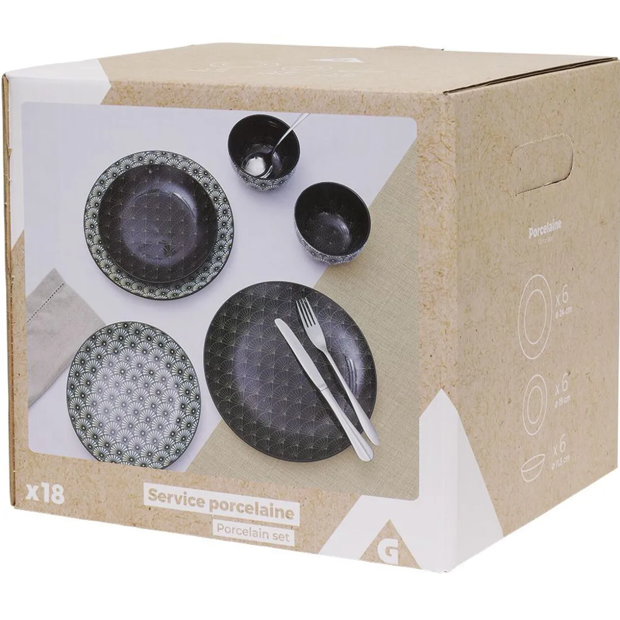 Service en porcelaine motif noir et blanc 18 pièces