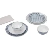 Service vaisselle en porcelaine 18 pièces motif graphique bleu et blanc