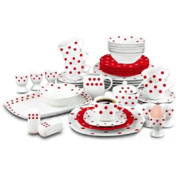 Service vaisselle porcelaine rouge et blanc à pois