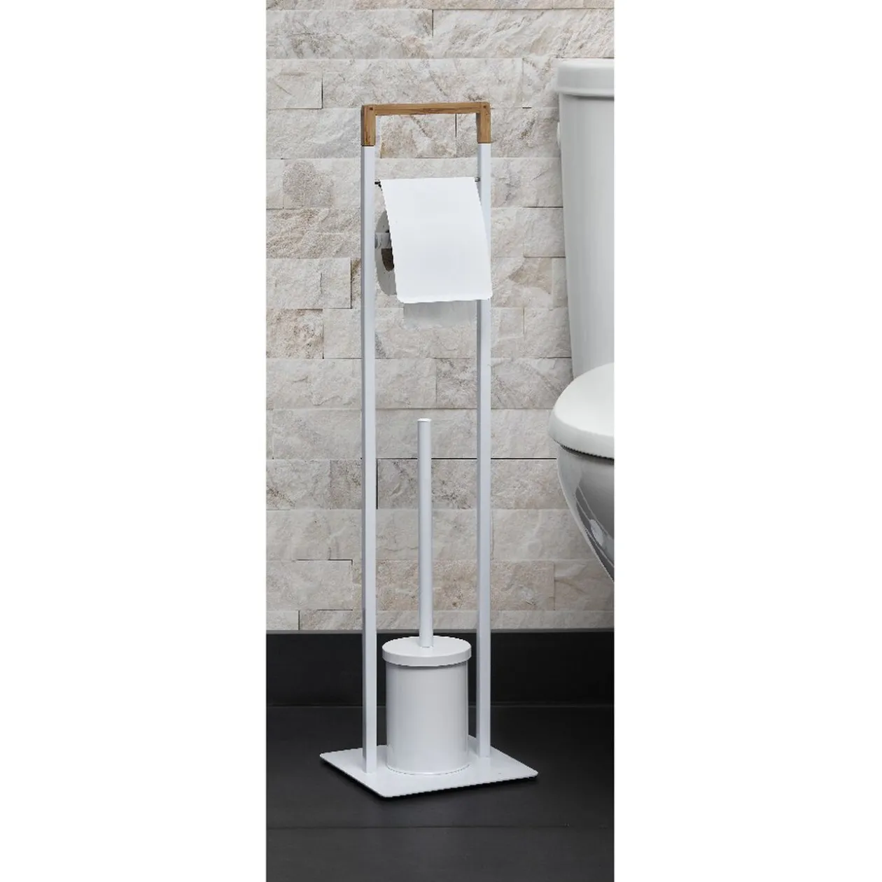 Serviteur papier WC avec brosse blanc naturel