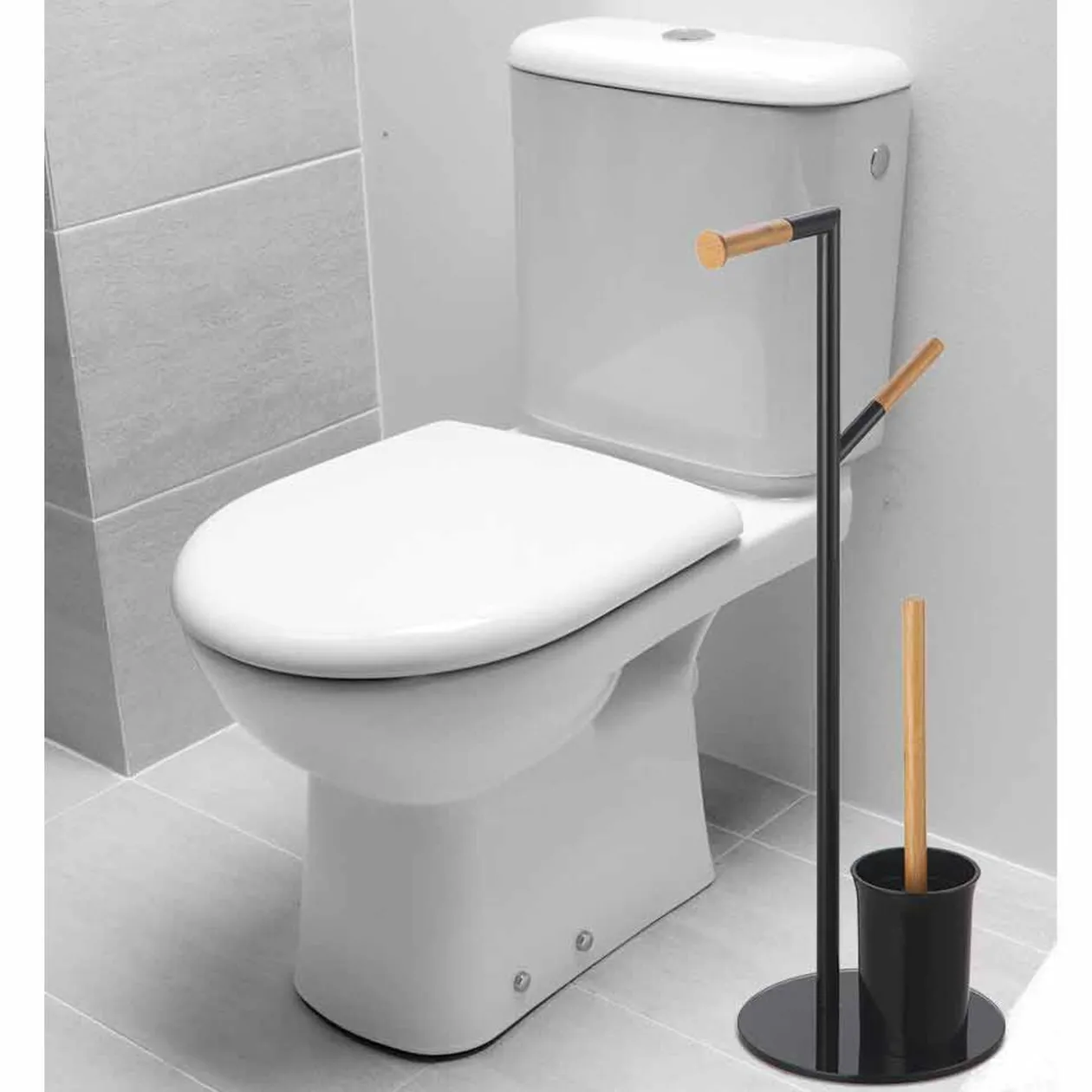 Serviteur WC métal noir bambou naturel