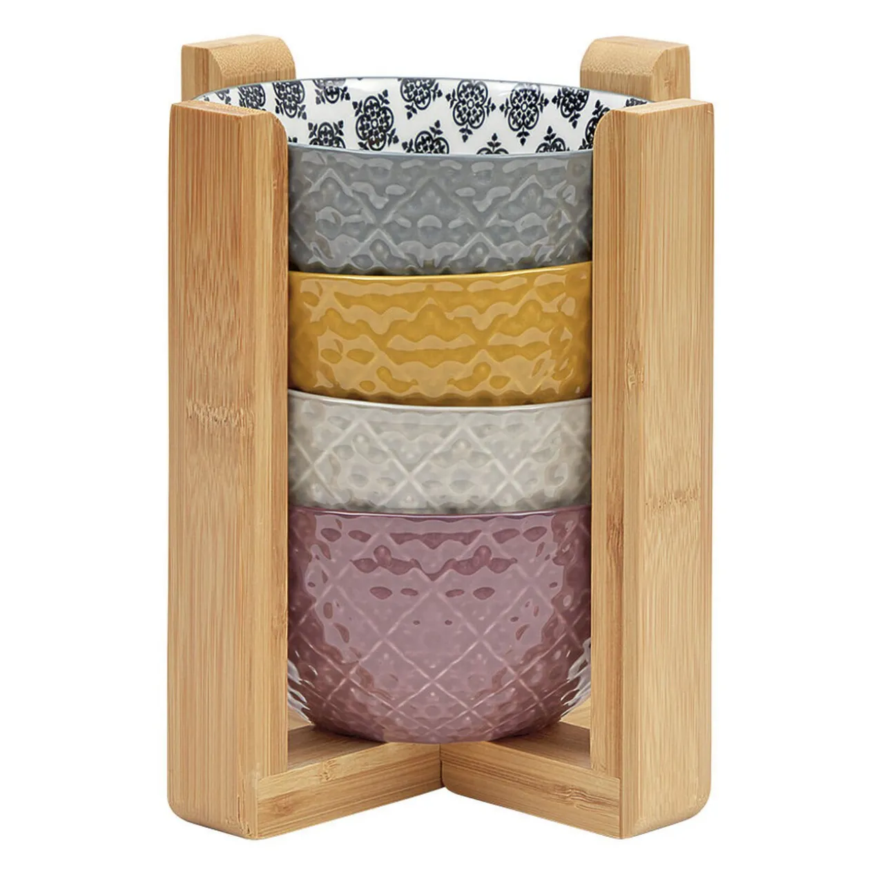 Set 4 bols décor ethnique noir et blanc et support en bambou