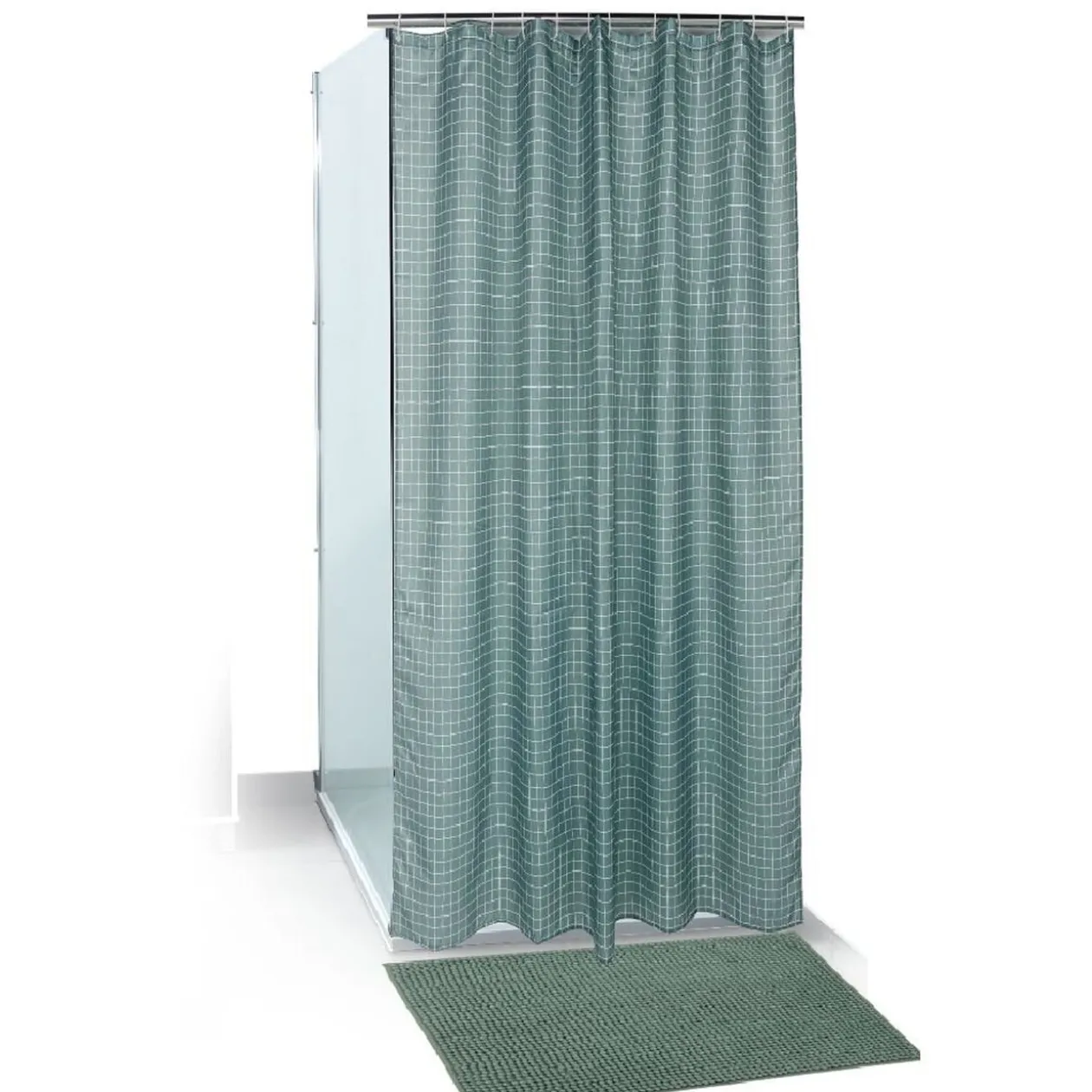 Set salle de bain tapis/rideau/anneaux - 2 modèles