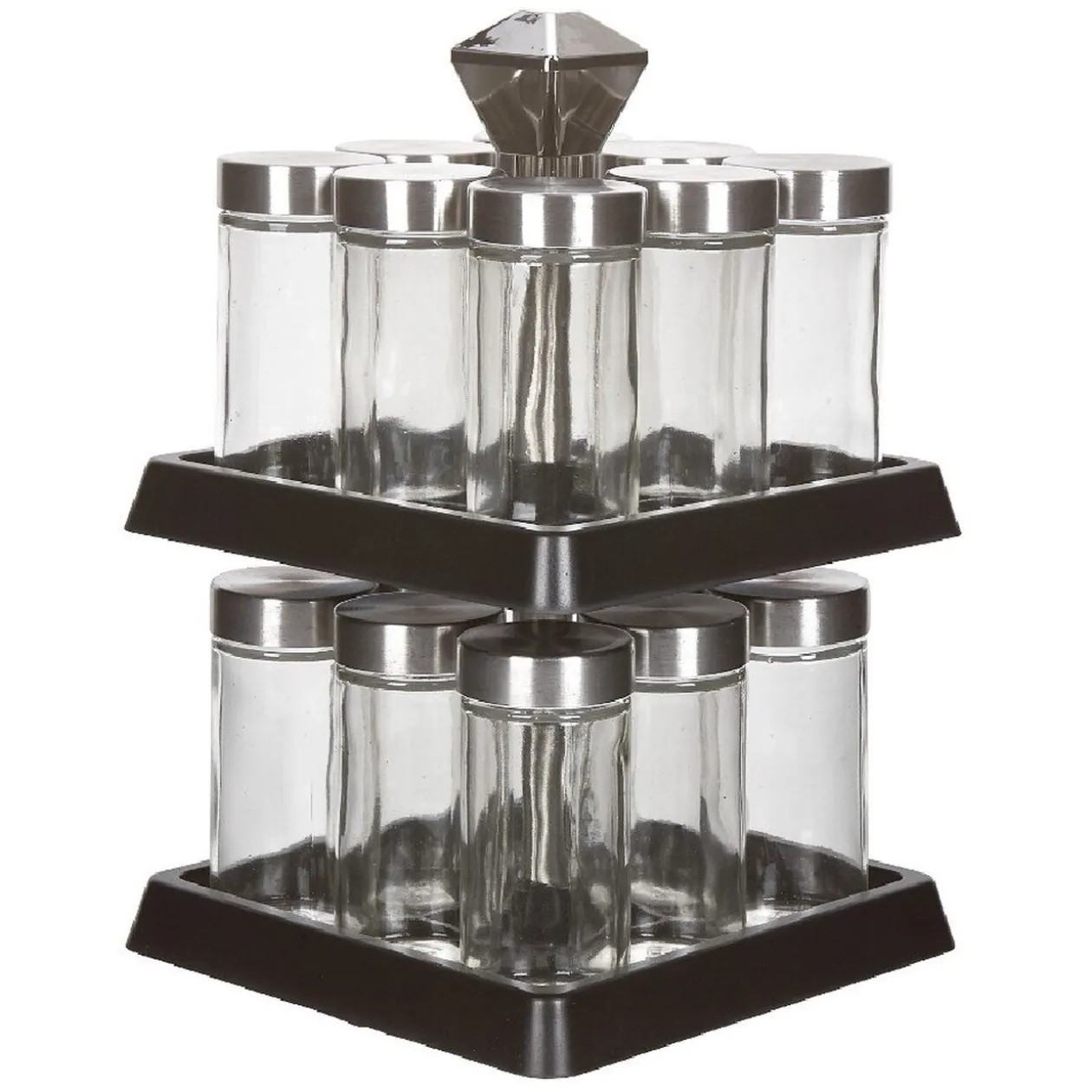 Support à épices noir 16 bocaux en verre et inox 2 étages