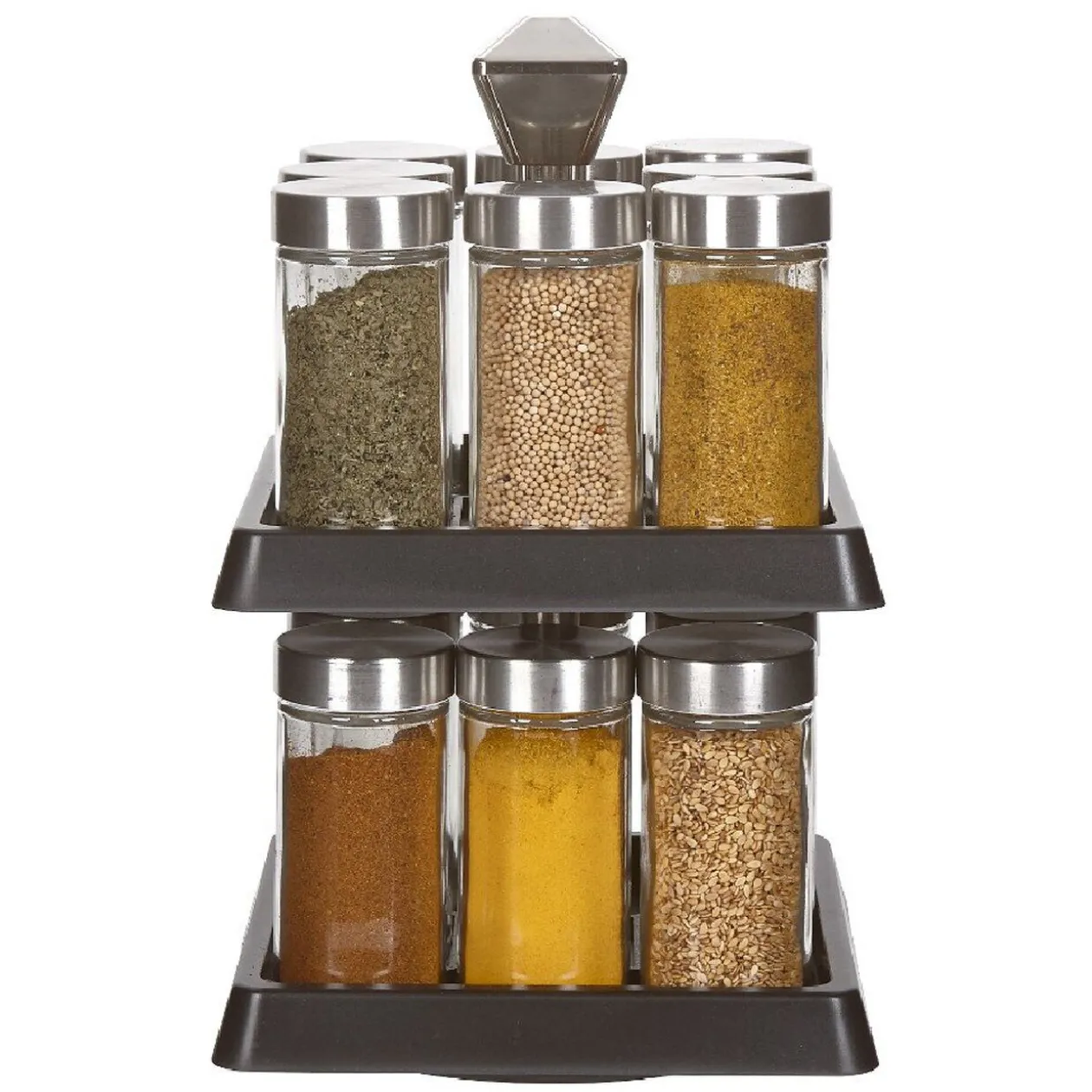 Support à épices noir 16 bocaux en verre et inox 2 étages