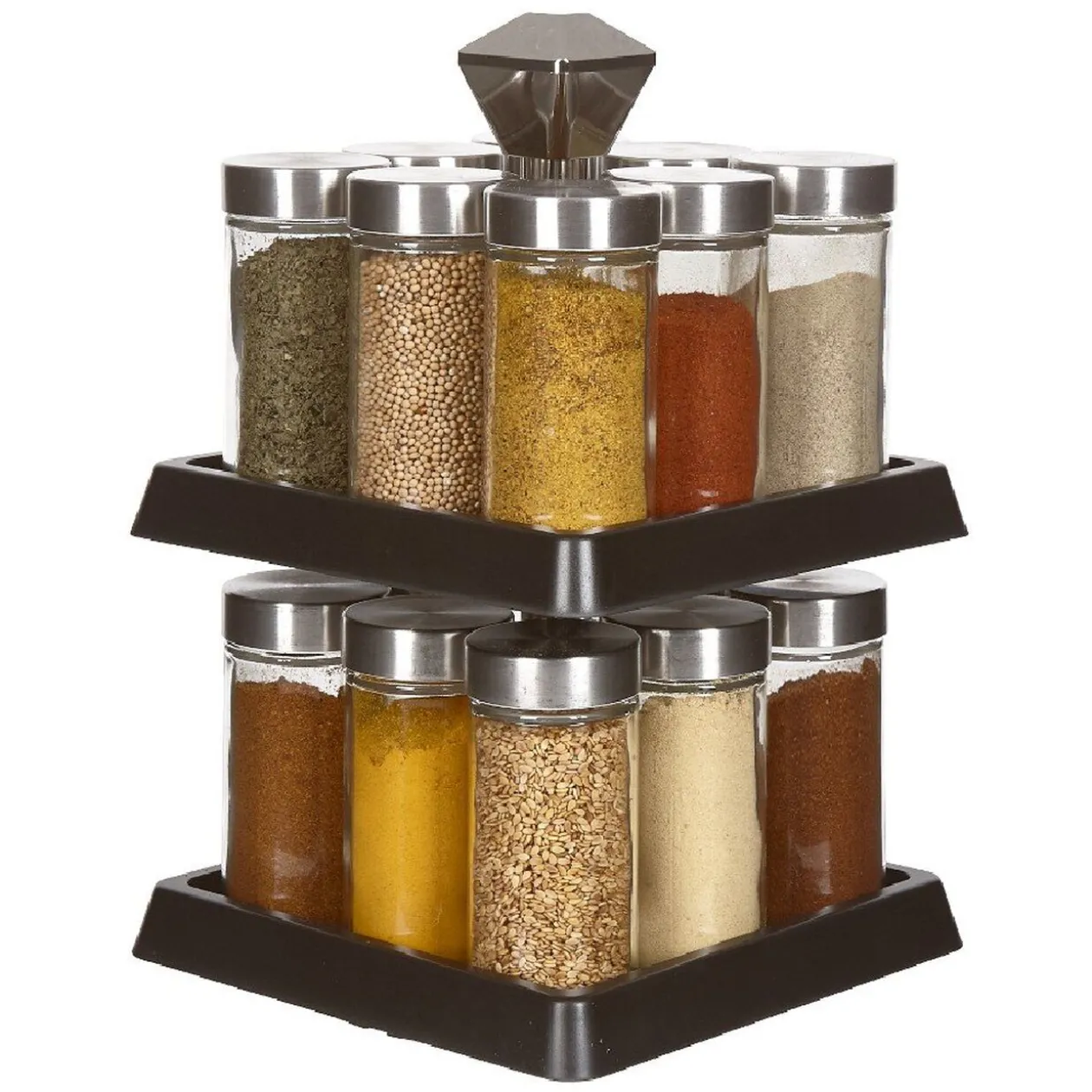 Support à épices noir 16 bocaux en verre et inox 2 étages