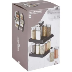 Support à épices noir 16 bocaux en verre et inox 2 étages