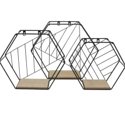 Étagère courbe géométrique ajourée métal noir et bois x3