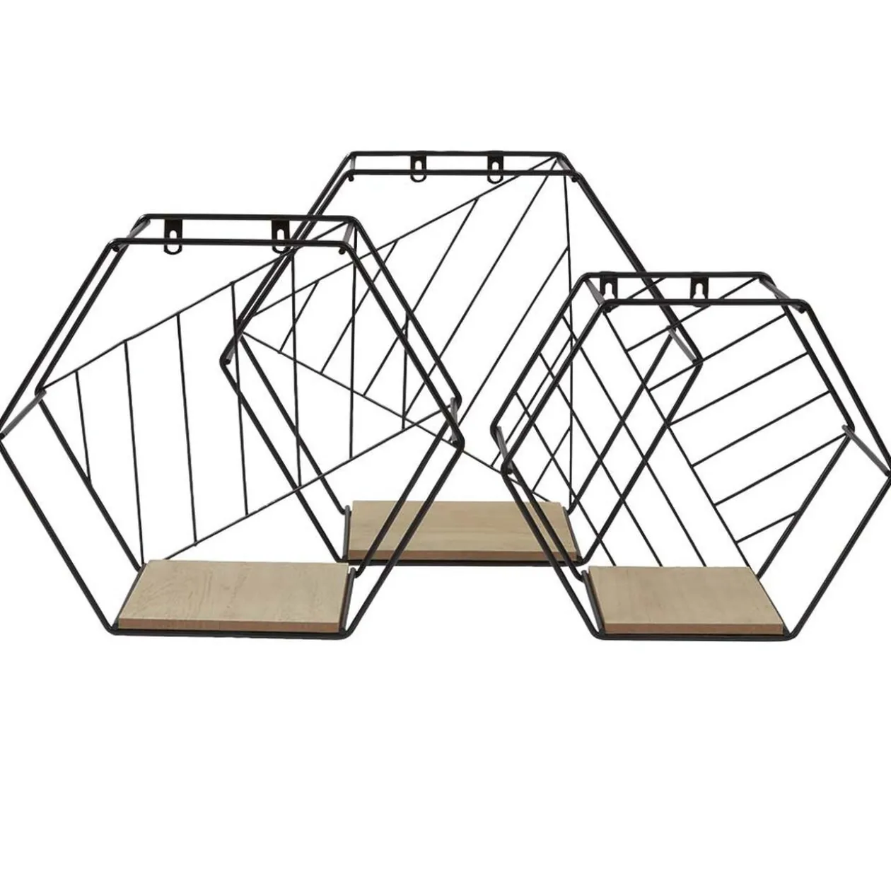 Étagère courbe géométrique ajourée métal noir et bois x3