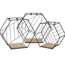 Étagère courbe géométrique ajourée métal noir et bois x3