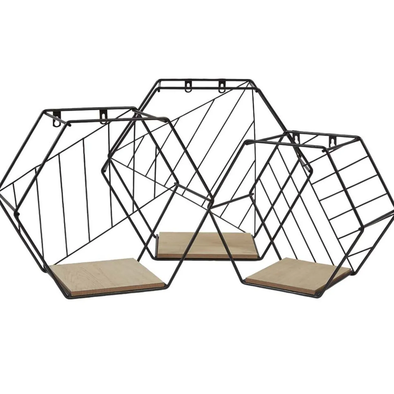 Étagère courbe géométrique ajourée métal noir et bois x3