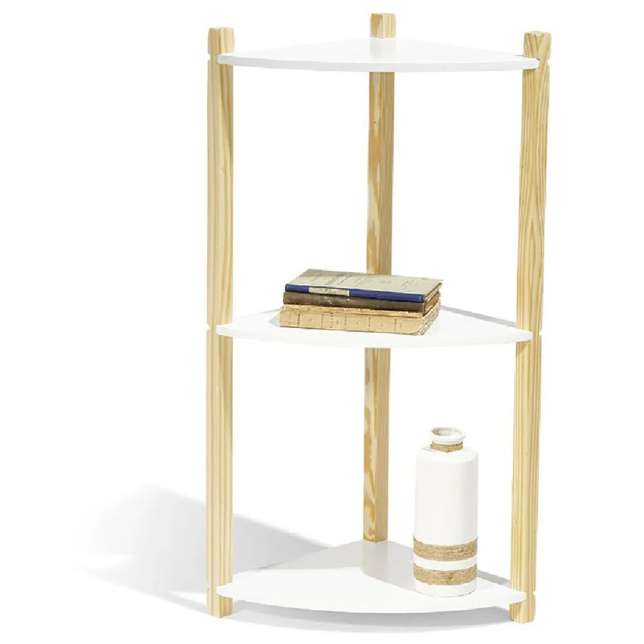 Étagère d'angle en pin blanc et naturel 3 niveaux