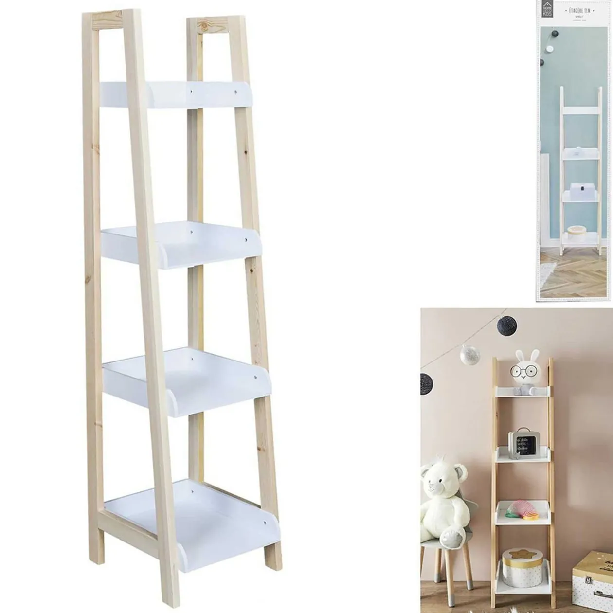 Étagère Tim 4 niveaux bois blanc et naturel 30x30xH117cm