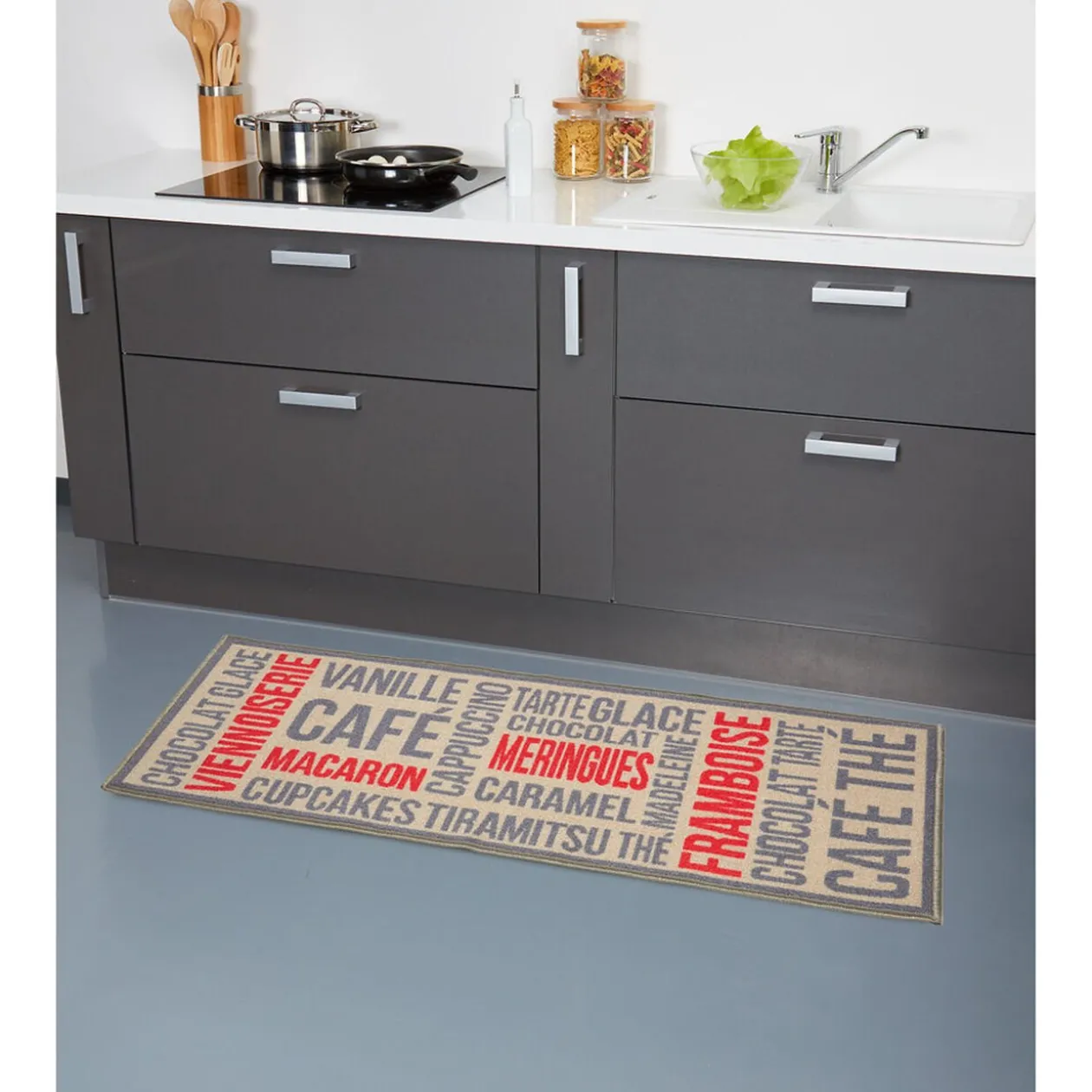 Tapis de cuisine gris beige et rouge