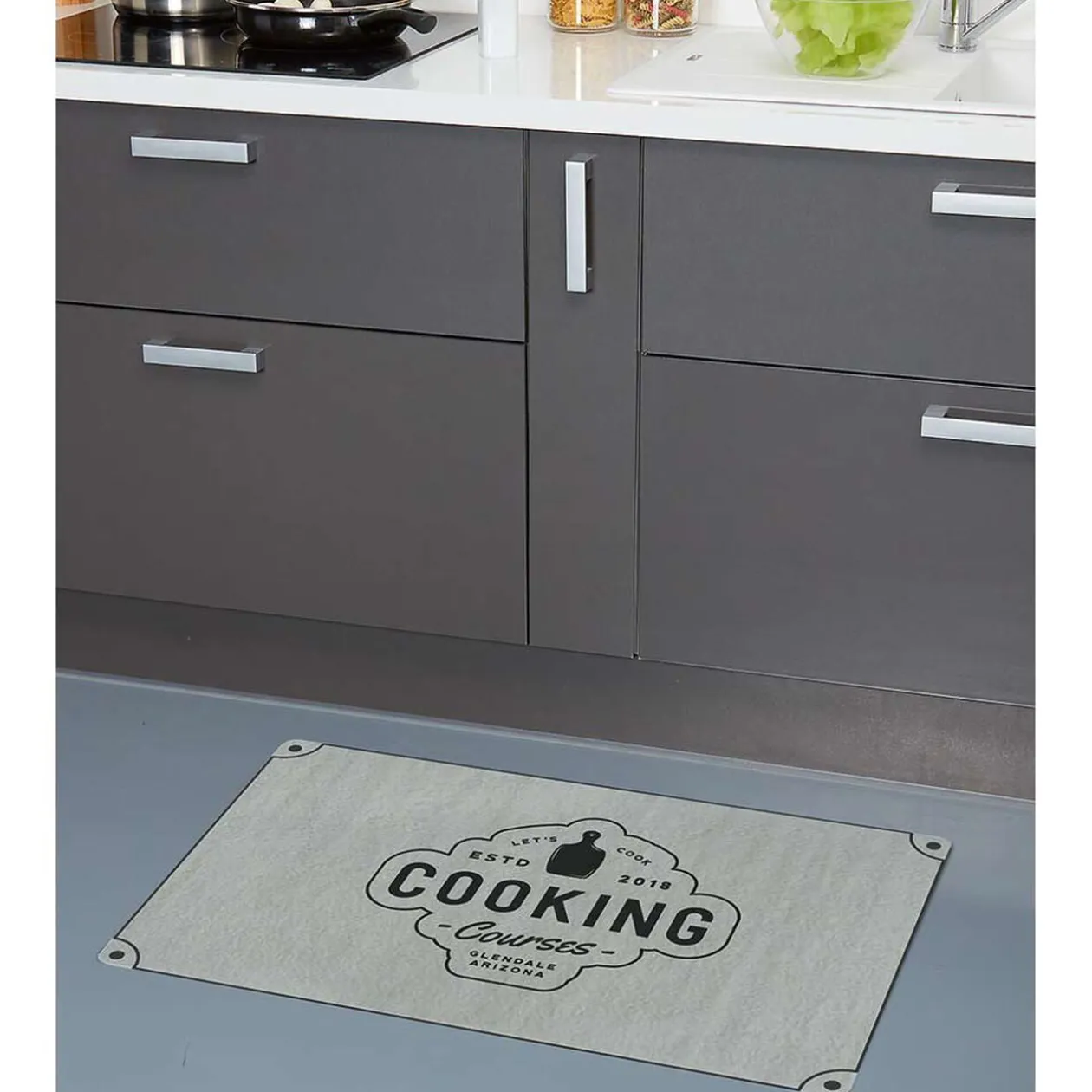 Tapis de cuisine gris polyamide décor Cooking courses 80x50 cm