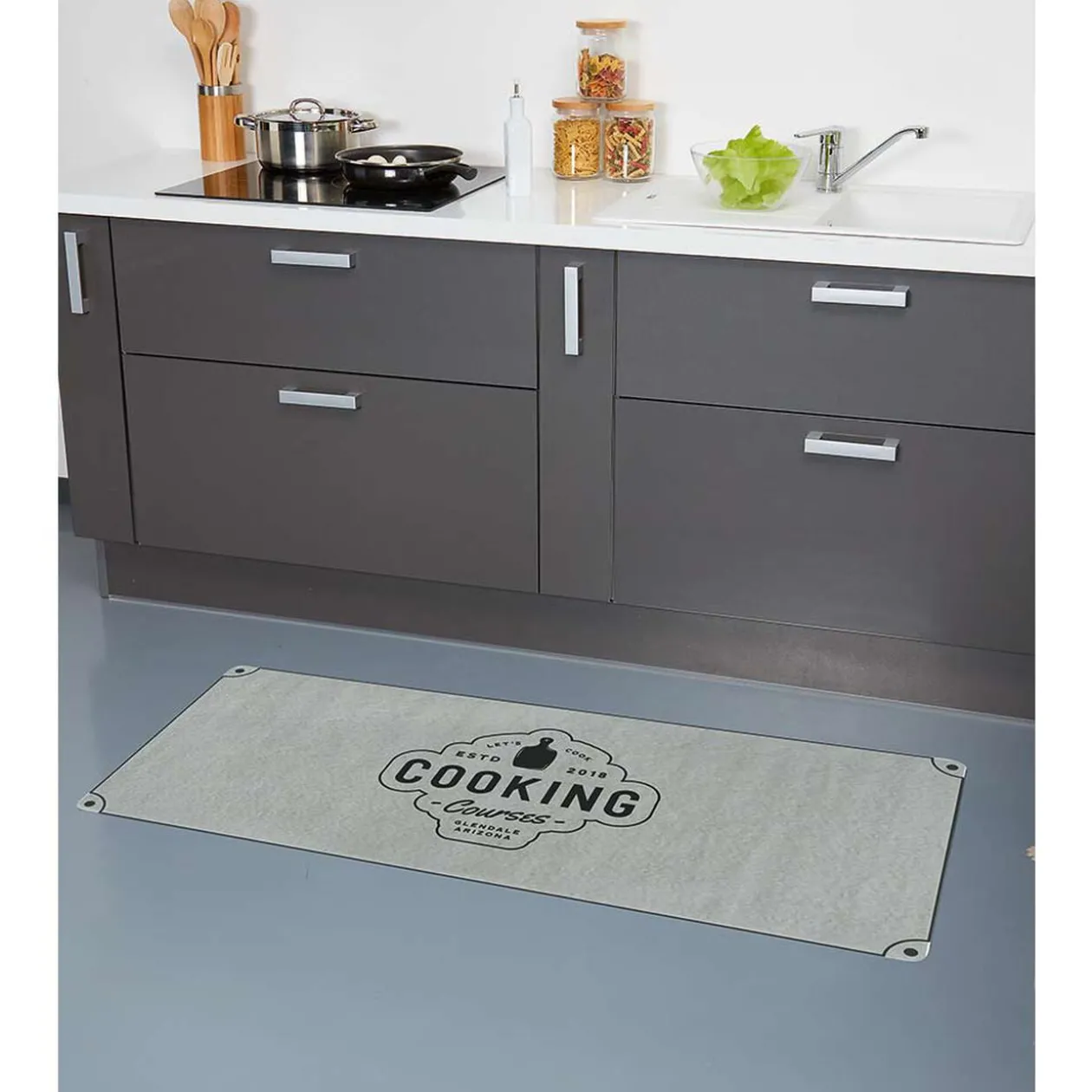 Tapis de cuisine gris polyamide décor Cooking courses 120x50 cm