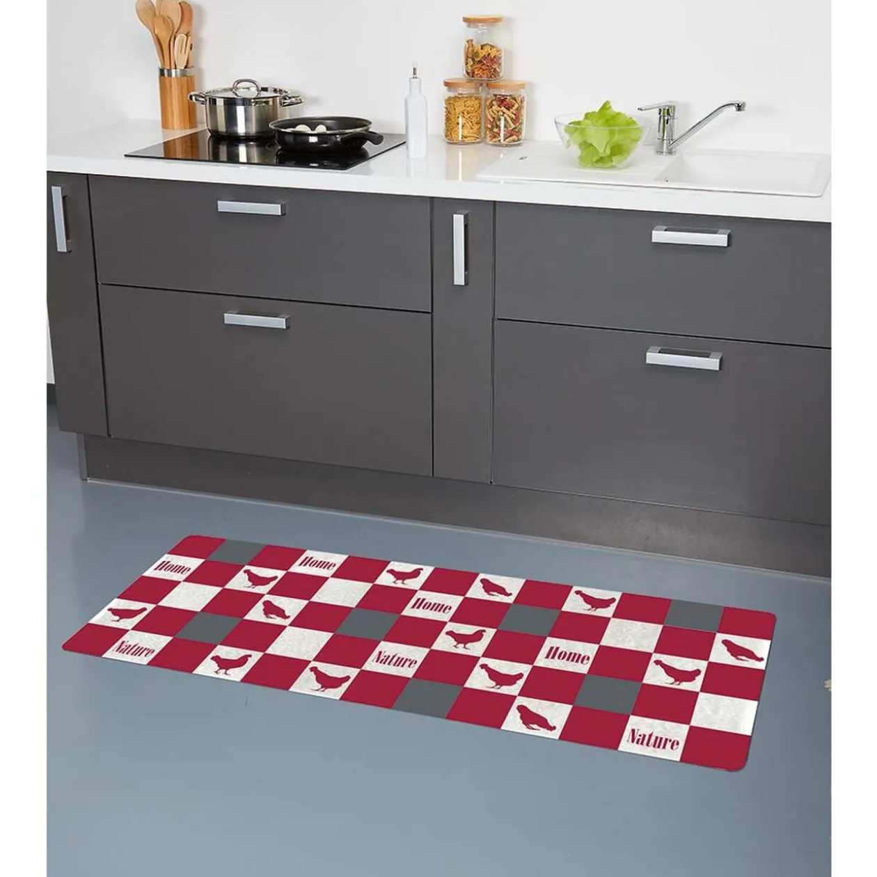 Tapis de cuisine polyamide décor rustique poule carreau 120x50 cm